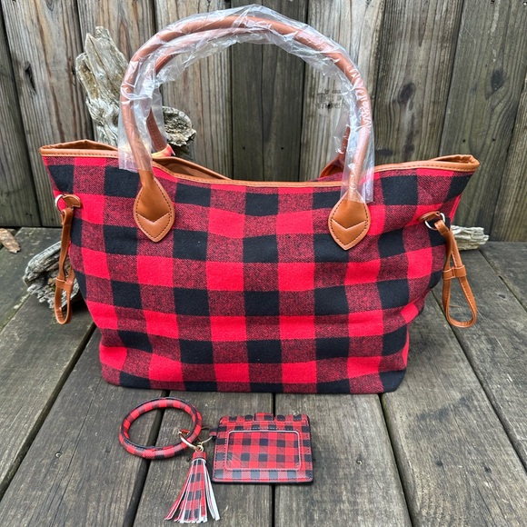 ❤️NEW BUFFALO PLAID TOTE BAG PURSE w/ CREDIT CARD ID BANGLE WRISTLET & TASSEL❤️ - Picture 4 of 9